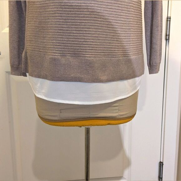 Hilary Radley L Tan Rib Knit Cotton Blend Faux Dress Shirt Bottom Sweater - Picture 8 of 8
